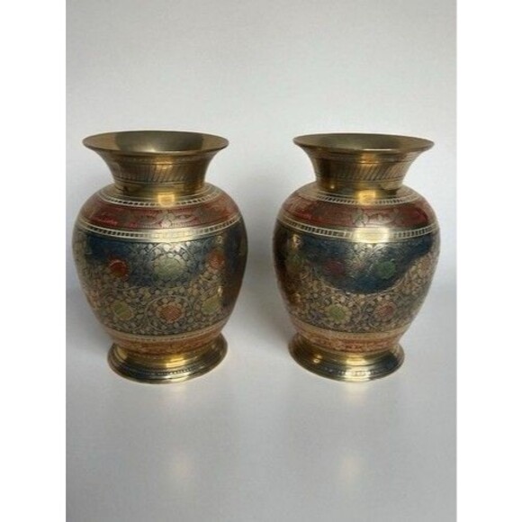 Unmarked Other - VTG Hand Engraving MultiFloral Set of 2 Mini Etched Brass Bud Vases 5” Tall Gold